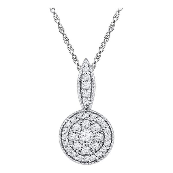 Round Diamond Circle Frame Flower Cluster Pendant 1/3 Cttw 10KT White Gold