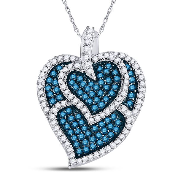 Round Blue Color Enhanced Diamond Tripled Heart Outline Pendant 1 Cttw 10KT White Gold