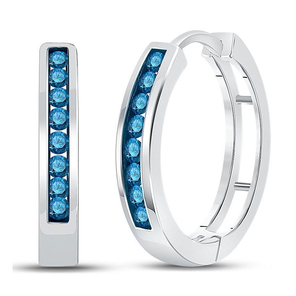 Round Blue Color Enhanced Diamond Hoop Earrings 1/2 Cttw 10KT White Gold