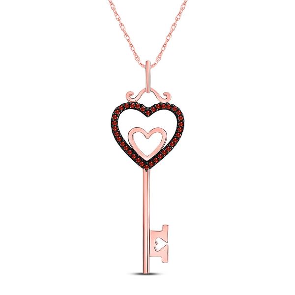 Round Red Color Enhanced Diamond Heart Key Pendant 1/10 Cttw 10KT Rose Gold