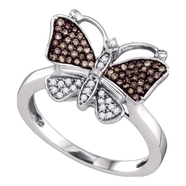 Brown Round Diamond Cluster Butterfly Bug Ring 1/5 Cttw 10KT White Gold