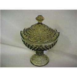 Vintage 9" Lidded Green Hobnail Pedestal Bowl #2212432
