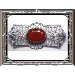 1920's deco Rhodium CARNELIAN Filigree brooch #2212951