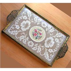 Embroidered Petit Point Lace Brass Dresser Tray#2236858