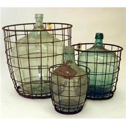 ANTIQUE GLASS WINE BOTTLE in WIRE BASKET SMALL #2236962