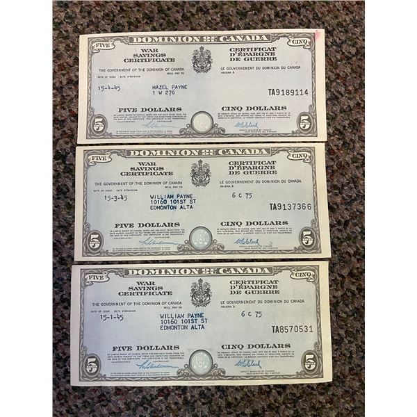 Dominion Of Canada $5 War Savings Certificates x 3