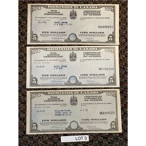 Dominion Of Canada $5 War Savings Certificates x 3