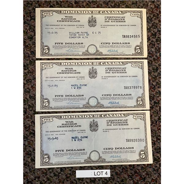 Dominion Of Canada $5 War Savings Certificates x 3