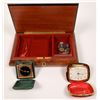 Image 1 : Inlaid Jewelry Music Box and Two Travel Clocks  [138595]