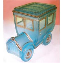 Portieux Blue Satin Glass Motor Car Powder Jar #2193692