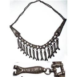 OLD Primitive TRIBAL FISH long silver Necklace #2210479