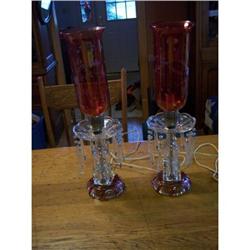 Pair of Cranberry colored & Crystal Lamps with #2223358