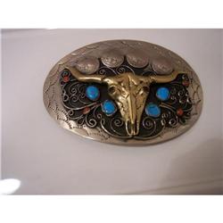 HUGE Silver,Coral & Turquoise Belt Buckle #2223398