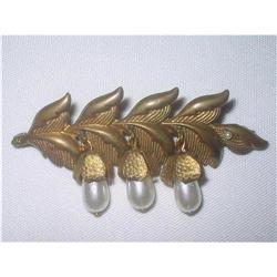 Art Deco Brass &  Pearl Color Beads Brooch #2240720