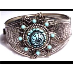 Wide Egyptian Revival Turquoise etched bracelet#2241460