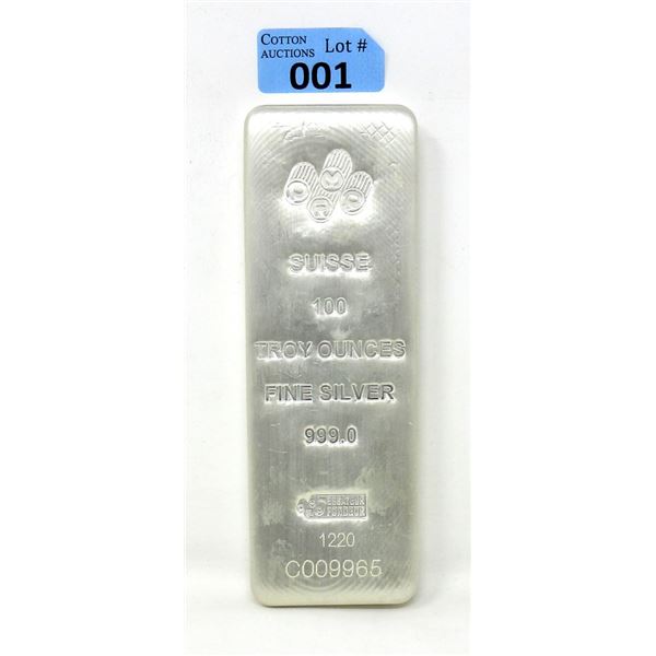 100 Oz. .999 Fine Silver PAMP Suisse Bar