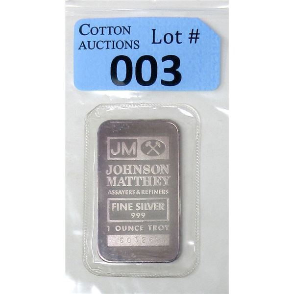1 Oz. .999 Silver Johnson Matthey Bar
