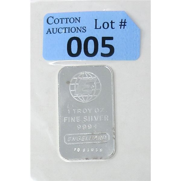 1 Oz. .999+ Fine Silver Engelhard Bar