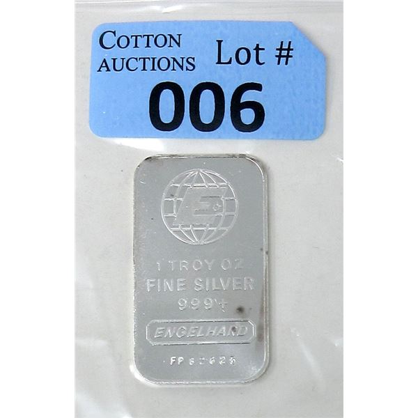 1 Oz. .999+ Fine Silver Engelhard Bar