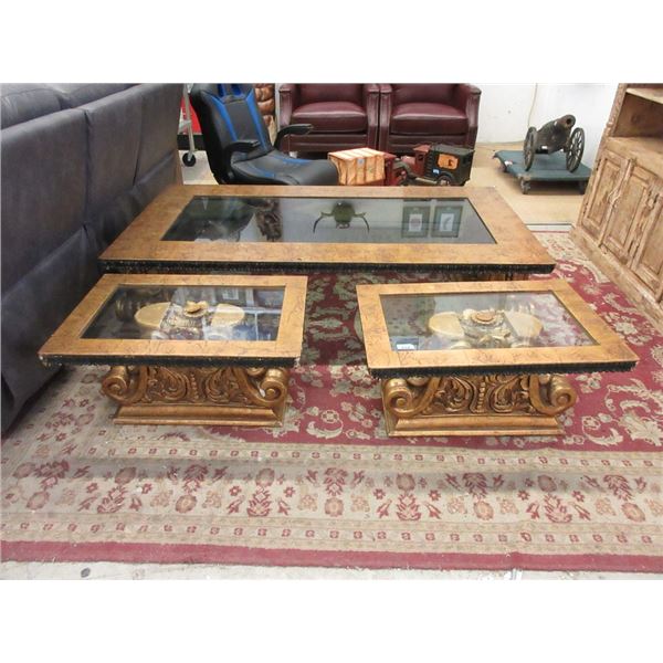 3 Piece Ornate Glass Topped Coffee Table Set
