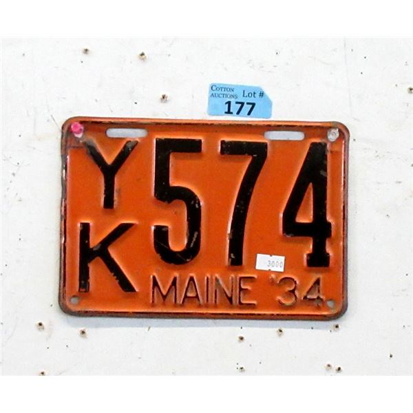 Rare 1934 Maine License Plate - Single Plate
