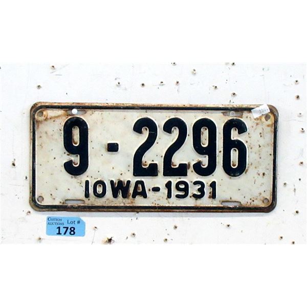 Rare 1931 Iowa License Plate - Single Plate