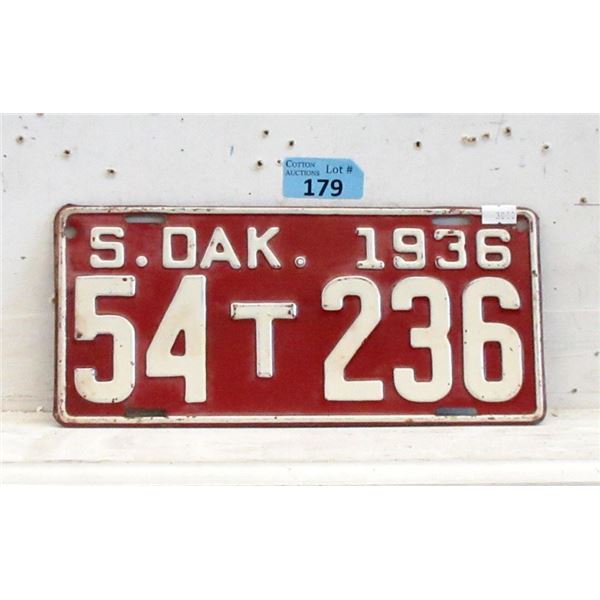 Rare 1936 S. Dakota License Plate - Single Plate