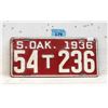 Image 1 : Rare 1936 S. Dakota License Plate - Single Plate