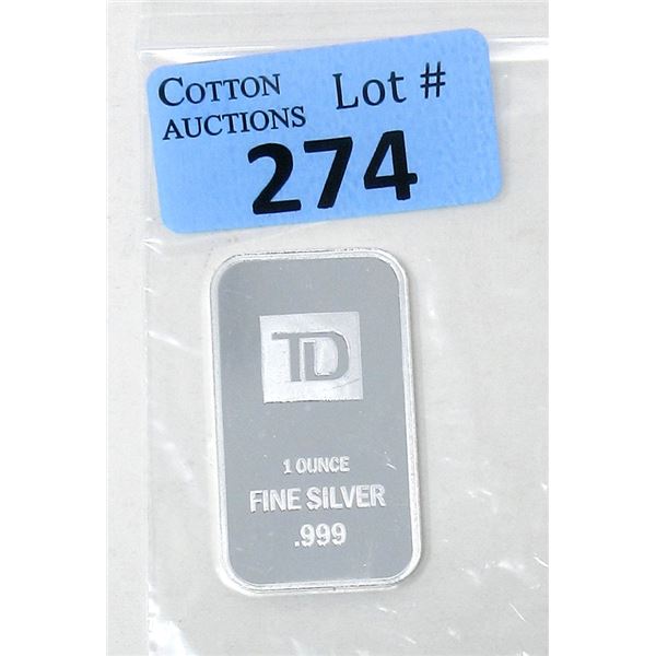 1 Oz. TD Bank .999 Silver Investor Bar
