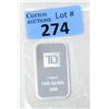 Image 1 : 1 Oz. TD Bank .999 Silver Investor Bar