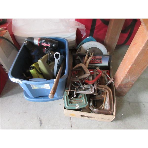 Makita Saw, Box of Clamps & Bin of Tools