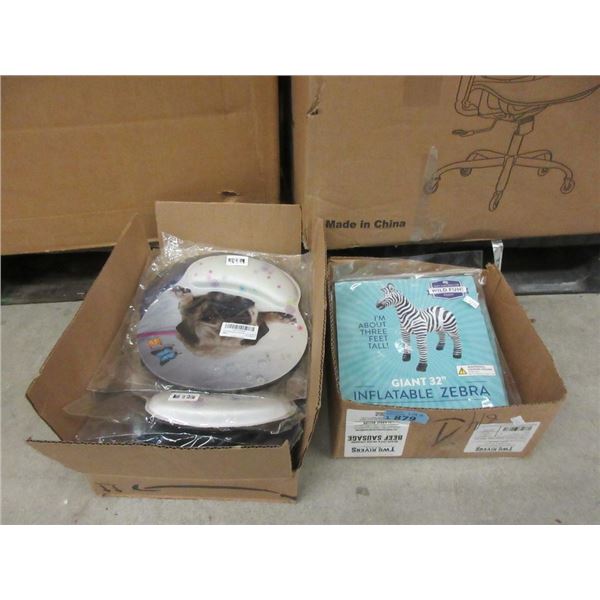 2 Boxes of Mouse Pads & Inflatable Zebras