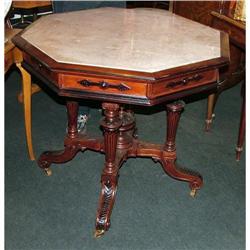 English octagonal table carved walnut marble #2191796