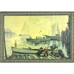 Original oil on Panel landscape boats painting #2207673