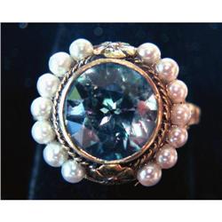 Victorian Pearl Blue Zircon 14K G Repoussé Ring#2208118