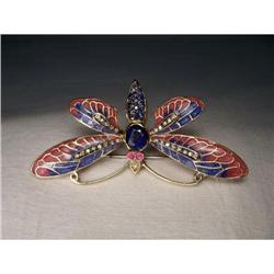 14K YG Ruby Sapphire Diamond Butterfly Brooch #2208243