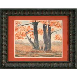 Contemporary Fall Trees Landscape Watercolor  #2189914