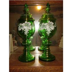 Pair Victorian Cut Green Covered Glass Jar Vase#2190392