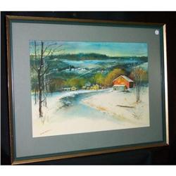 Watercolor Red Barn in Winter Oil Painting Sgn.#2220070
