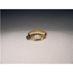 Estate 14K Gold Pearl Emerald Leaf Pinky Ring #2220278