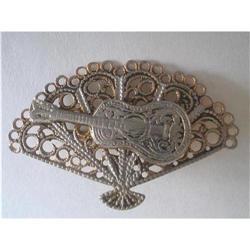 Art Deco Silver Mandolin Filigree Fan Brooch - #2226536