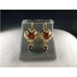 14K YG Gold Garnet Dangle Black Pearl Earrings #2176243