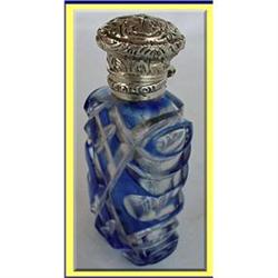 PERFUME BOTTLE BLUE CASED GLASS SILVER TOP #2189862