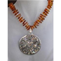 Natural Amber & MOP Sterling Pendant Necklace #2215990