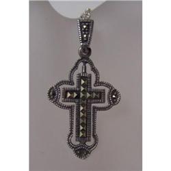 Estate Marcasite Silver Cross Pendant Necklace #2218433