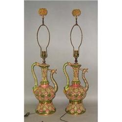 MAJOLICA SERPENT LAMPS PAIR, SIGNED CANTAGALLI,#2234639