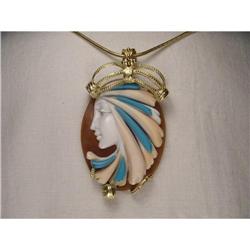 18K Gold Turquoise Coral Carved Cameo Pendant #2234744