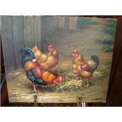 ART ANTIQUE OIL CANVAS OLD ENGLISH HEN ROOSTER #2234979