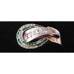 18K Gold Retro Ring with Diamonds and Emeralds #2235140