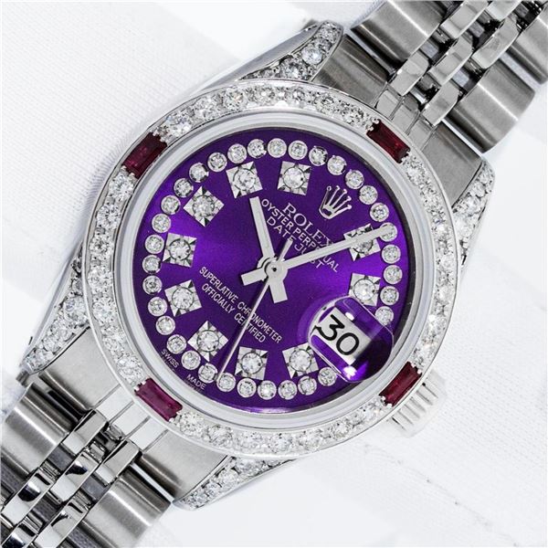 Rolex Ladies Stainless Steel 26MM Purple String Diamond Lugs Datejust Wristwatch